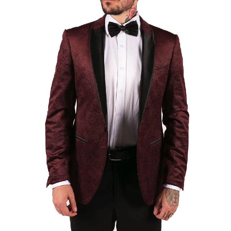 men's designer tuxedo for wedding -Mens Marc Darcy Velvet Paisley Wine Black Blazer Tuxedo Dinner Jacket Smart Casual