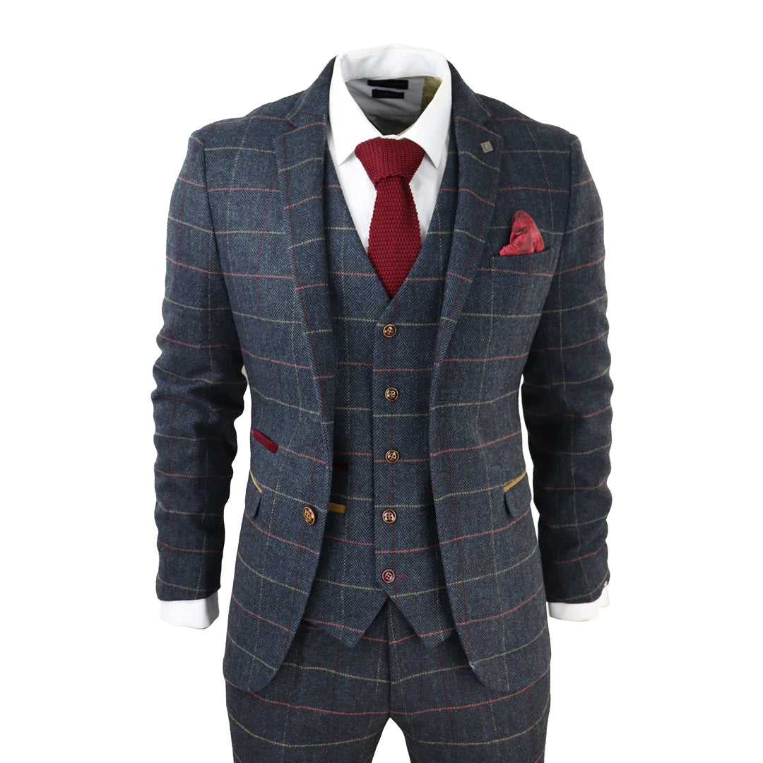 men's custom wedding tuxedo with tie -Mens Navy Blue Blazer Herringbone Tweed Checked Formal Suit Jacket