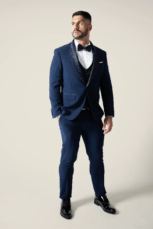 men's tailored tuxedo suit with tie -Mens Navy Tuxedo with Embroidery Lapel