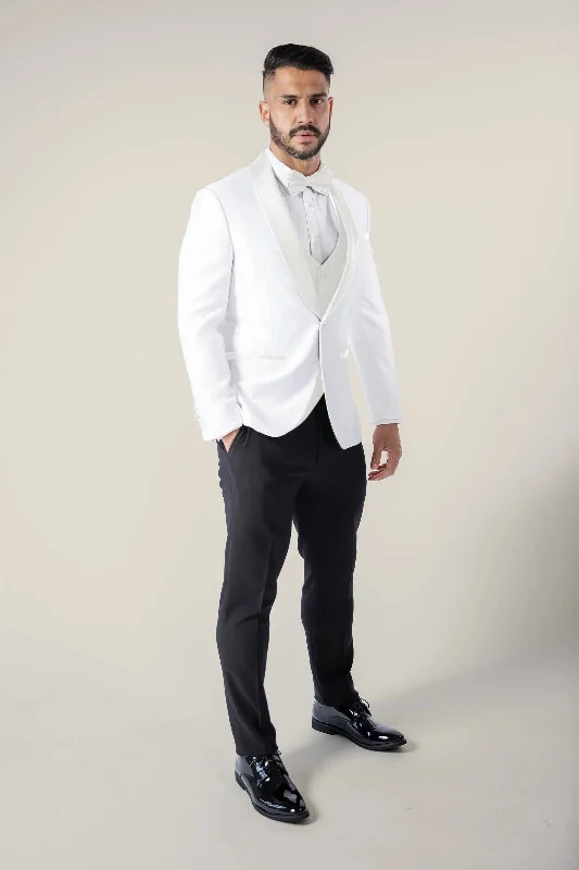 men's custom tuxedo with pockets -Mens Off White Tuxedo with Black Pants