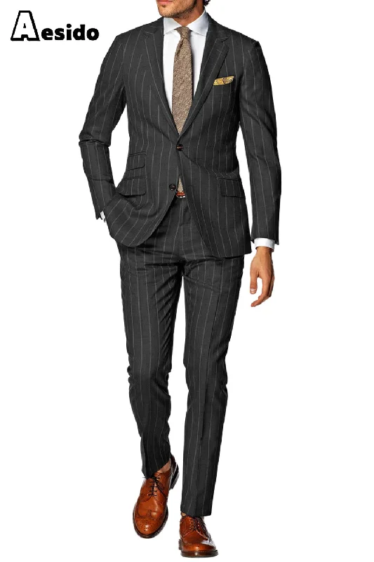 men's checked wedding suits -2 Piece Double Button Notch Lapel Multi Pocket Striped Men's Suit (Blazer+Pants)