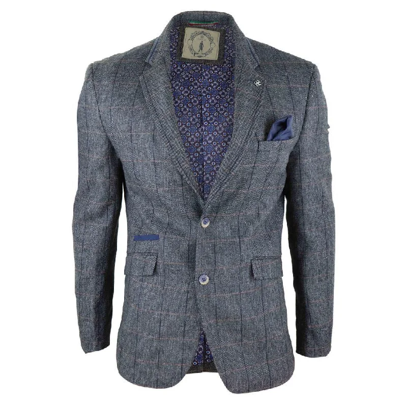 men's business tuxedo with necktie -Mens Tweed Herringbone Check Grey Navy Brown Vintage Fit Blinders Blazer