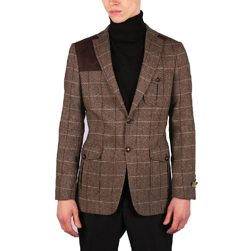 men's classic wool tuxedo -Mens Wool Tweed Shooting Jacket Check Hunting Herringbone Blazer Oak Elbow Patch