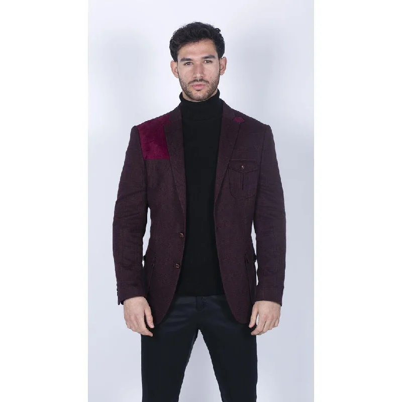 men's modern fit tuxedo for wedding -Mens Wool Tweed Shooting Jacket Hunting Blazer Check Elbow Patch Wine Vintage