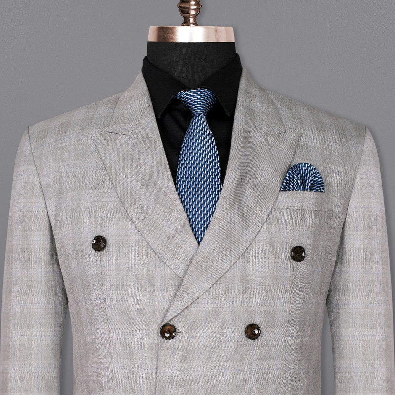 men's grey wool tuxedo for weddings -Nobel Grey Subtle Plaid Double-Breasted Wool Rich Blazer