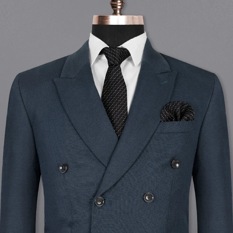 men's grey wool tuxedo for weddings -Outer Space Blue Double-Breasted Premium Cotton Blazer