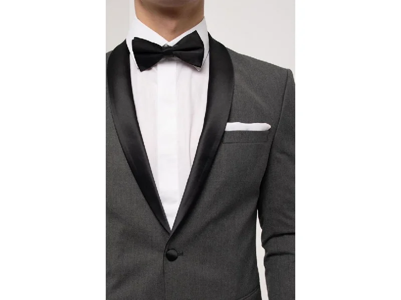 men's business tuxedo with pocket square -Oxford Grey With Black Shawl Mandalay Tuxedo Rental