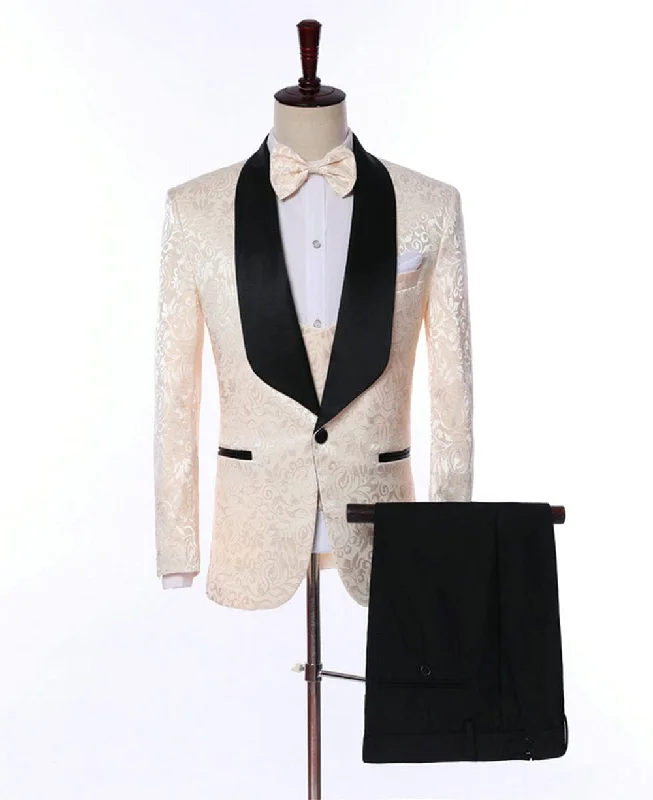 men's stylish tuxedo for wedding -Patterned 3 Pieces Mens Suit Formal Shawl Lapel Tuxedos (Blazer+Vest+Pants)