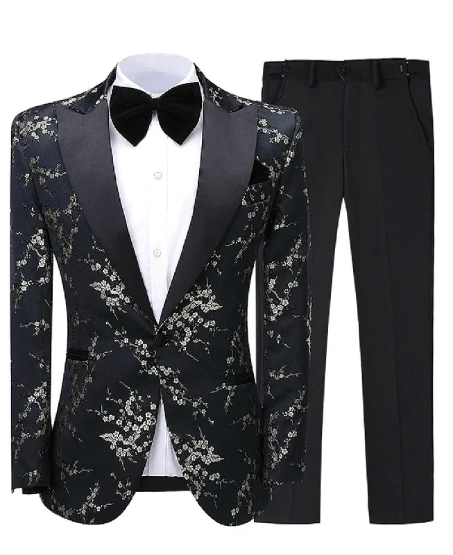 men's tailored navy business suit -Patterned Tuxedos Formal Peak Lapel 2 Pieces Mens Suit (Blazer+Pants)