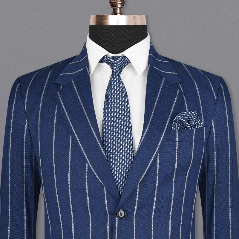 men's business tuxedo jacket with pocket -Rhino Blue Striped Wool Rich Blazer