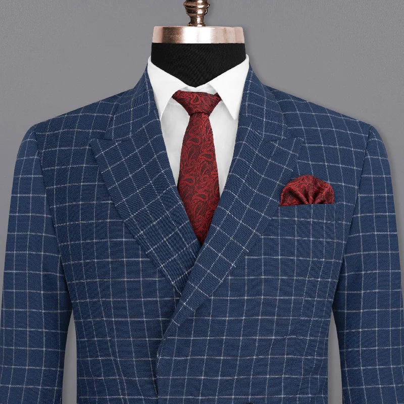 men's casual business suits -Rhino Blue Super fine Checkered Double Breasted Premium Cotton Blazer