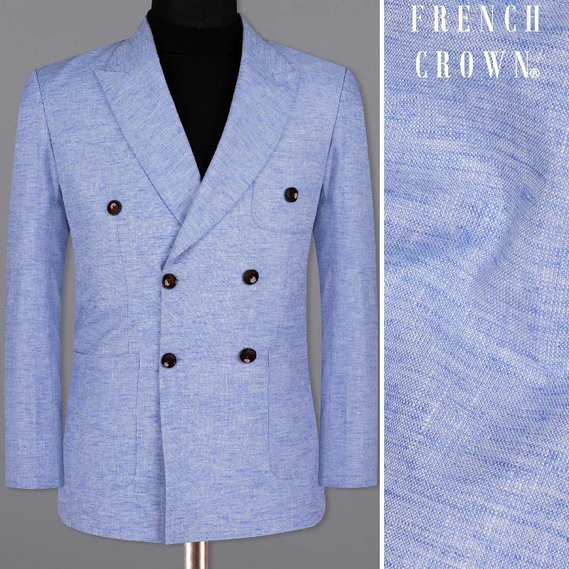 men's wool suit jacket with vest -Ship Cove Blue Double Breasted Double Breasted Luxurious Linen Sports Blazer