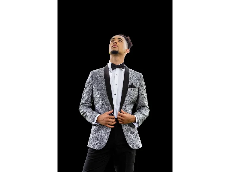 men's black formal suit jacket -Silver Aria Paisley Shawl lapel Dinner Jacket Tuxedo Rental